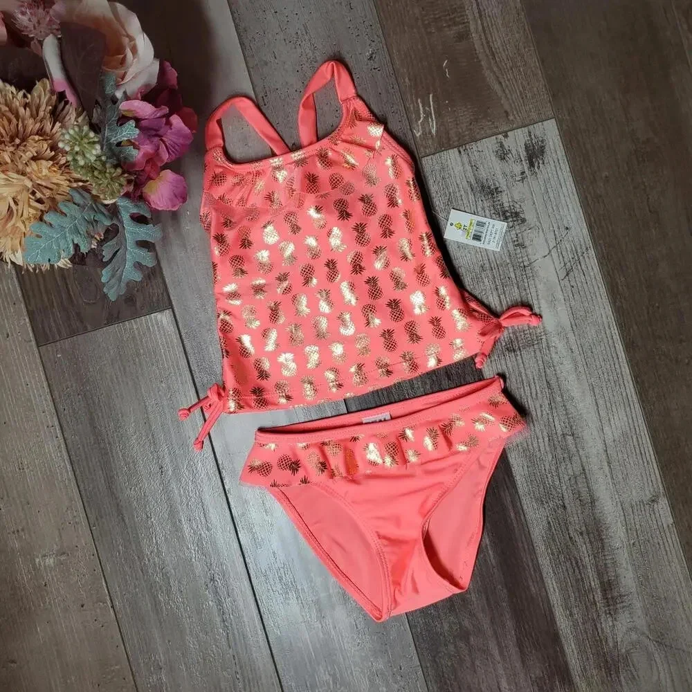 NWT Real Love Toddler Girls Metallic Gold and Coral Pineapple Bikini Set Size 2T